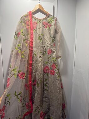 Girls Cream Floral Embroidered Anarkali 3 piece set with Pink Accents